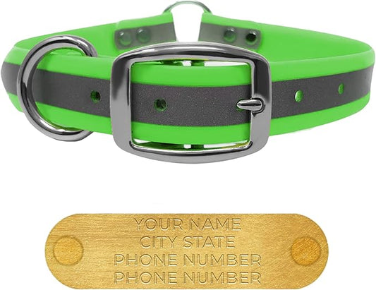 Regal Dog Products Medium Green Reflective Dog Collar with Custom Engraved Name Plate and Heavy Duty Center Ring | Waterproof Biothane Personalized Dog Collars - Other Sizes for Small & Large Dogs