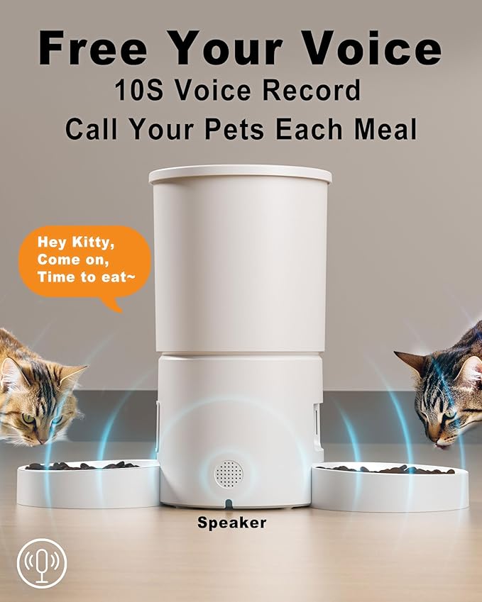 Automatic Cat Feeder for 2 Cats,Dual Bowl Dry Food Dispenser with Portion Control & 10s Voice Recorder,Timed Feeding,Dual Power,Quiet Operation(White, ABS Dual Bowls)