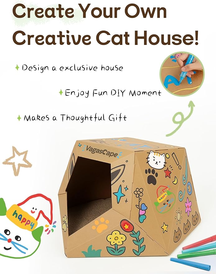 DIY Cardboard Cat House with 10 Markers, Creative Cardboard Scratcher Bed, Play Cave for Indoor Cats, Kittens to Lounge and Play