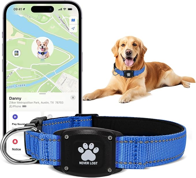GPS Dog Collar Tracker 2-in-1,Reflective Waterproof Pet Collar,iOS-Only,No Monthly Fees,Unlimited Range,Ideal for Dog Tracking pet Tracker,for Small Medium Large Dogs(L (16.6"-24"), Blue)