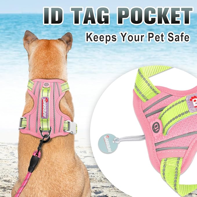 BARKBAY No Pull Dog Harness Large Reflective Dog Harness with Front Clip and Easy Control Handle for Walking Training Running with ID tag Pocket(Baby Pink & Sunlight,L)