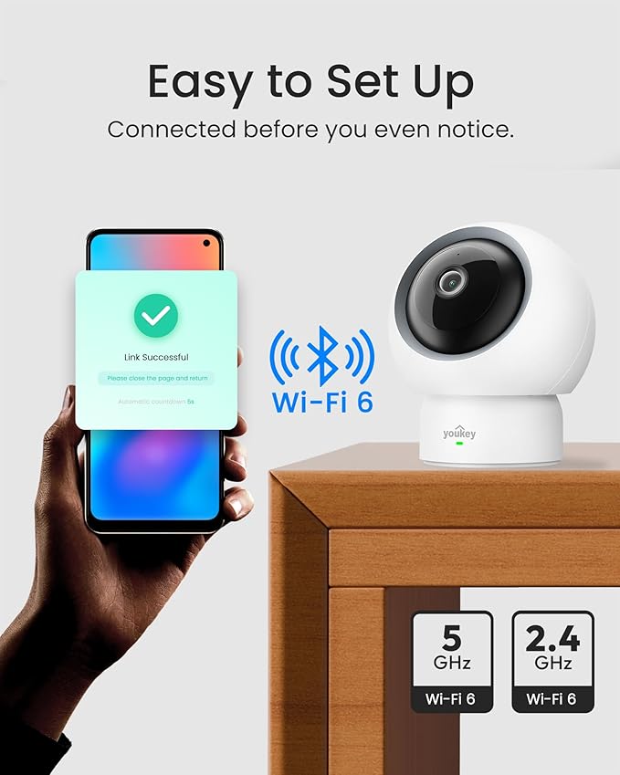 youkey Indoor Camera 2.5K, No Monthly Fees, Pan & Tilt, 360° Dog/Pet Camera for Home Security, 2.4/ 5GHz WiFi 6, Bluetooth Pairing, Human/Pet/Baby Crying Detection, Two-Way Audio, Night Vision