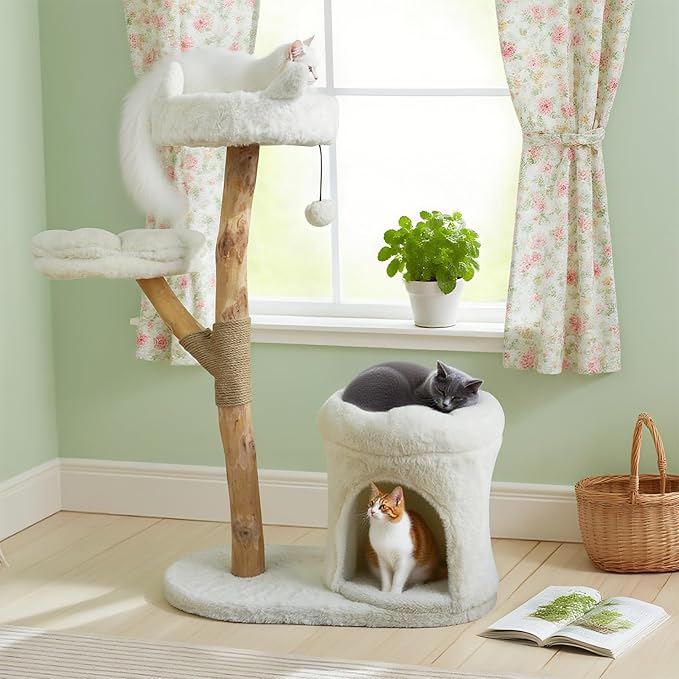 Real Wood Modern Cat Tower, Climbing Tower Cats Tree with Scratching Post and Ball, Cat Furniture with Flower Bed for 37.5" Tall, Branch Luxury Condo for Indoor Wood Cats Large Adult Tree, Warm White