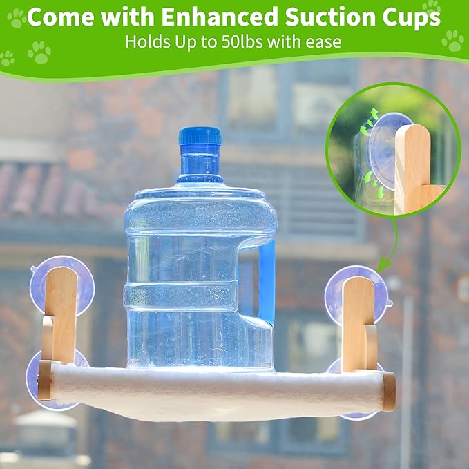 Cat Window Perch with Wooden Frame – Aloxina Foldable Cat Hammock Bed for Indoor Cats, Soft Rabbit Fur Cover, Washable, Strong Suction Cups, No Drilling, Supports Large Cats