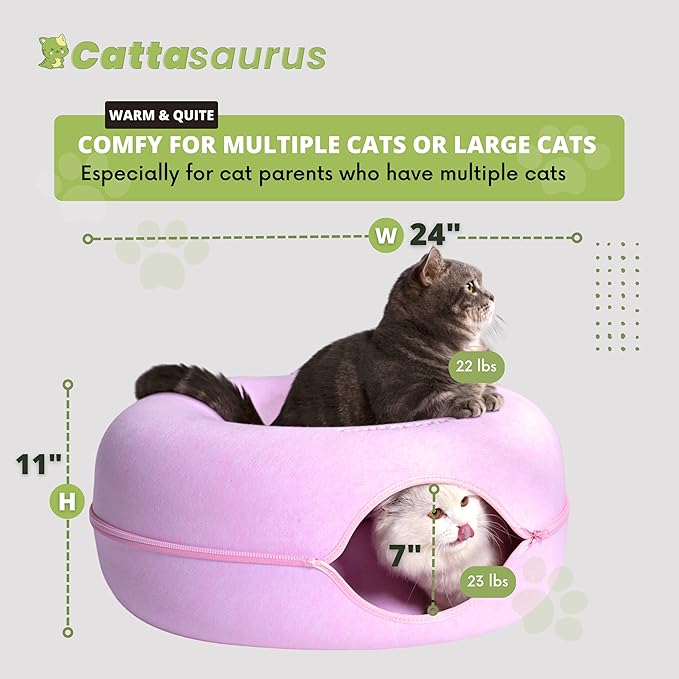 Cattasaurus Peekaboo Cat Cave Donut for Multiple & Large Cats up to 30-45 lbs, 3-in-1 Self Warming Cat Bed, Tunnel & Scratcher for Indoor Cats, Washable & Detachable Small Dog Bed (Pink, Large)