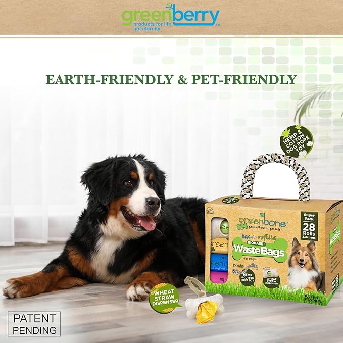Greenbone BioBase Green Dog Poop Bag Refills: 28 Rolls - 336 Bags with Dispenser and Rope Toy Handle- Dog Gift Set