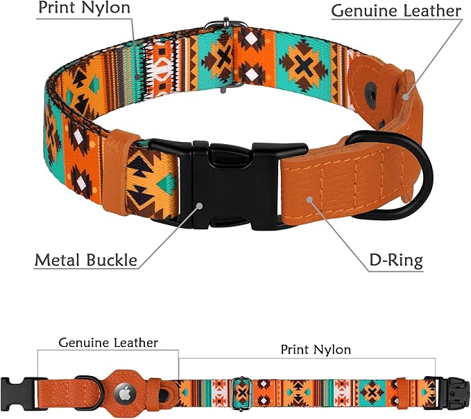 AirTag Dog Collar with Metal Buckle - Printed Nylon Soft Leather Dog Collar with Apple AirTag Holder - Secure Tracking GPS Pet Collars for Girl Boy Small Large Dogs (XS, 9"-12" Neck Fit, Southwest)