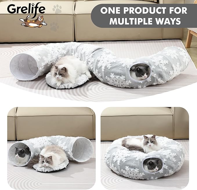 Grelife Cat Tunnel Bed for Indoor Cats, Large Cat Tunnel Christmas Tree Skirt, Cat Donut Tunnel Toys with Warm Plush, Non-Slip Base, Removable Cushion, Perfect for Cats, Kittens, Small Pets(33.4")