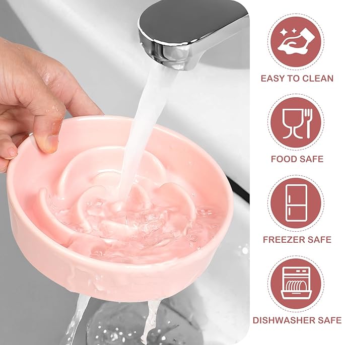 TRUVIC Ceramic Slow Feeder Dog Bowls, 1.5 Cup Puzzle Slow Feeder Bowls for Fast Eaters, Ceramic Dog Food Dish no Black Chin, Puzzle Bowl for Medium Dogs, Pink