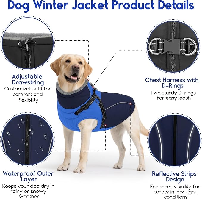 ASENKU Reflective Dog Coat with Built-in Harness, Windproof Fleece-Lined Dog Jacket for Small, Medium, Large Dogs, Warm Winter Vest with Turtleneck & Zipper (Navyblue L)