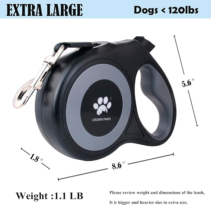 16 ft Retractable Dog Leash for Extra Large Dogs up to 130 lbs,Tangle-Free Nylon Tape,Black Dan24 XL