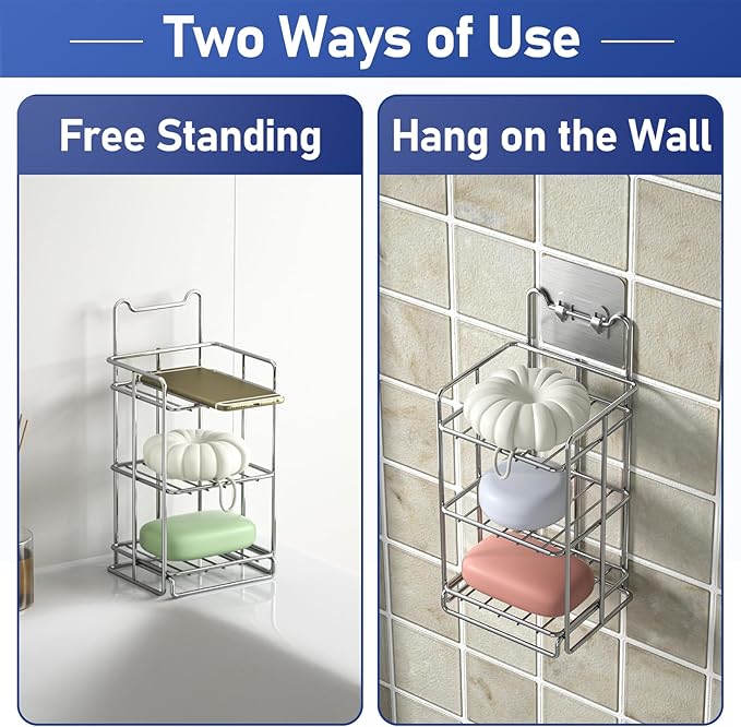 3 Tier Soap Bar Holder, 304 Stainless Steel Soap Dish for Bathroom, Removable Sponge Rack for Kitchen Sink (Silver)