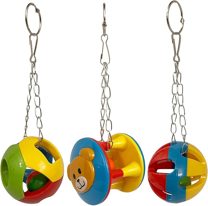 SIMENA Parrot Ball Toy with Bell, Cage Hanging Accessories for Medium to Large Birds, Interactive Toys for Birds, Cat Ball Toy(Set of 3)