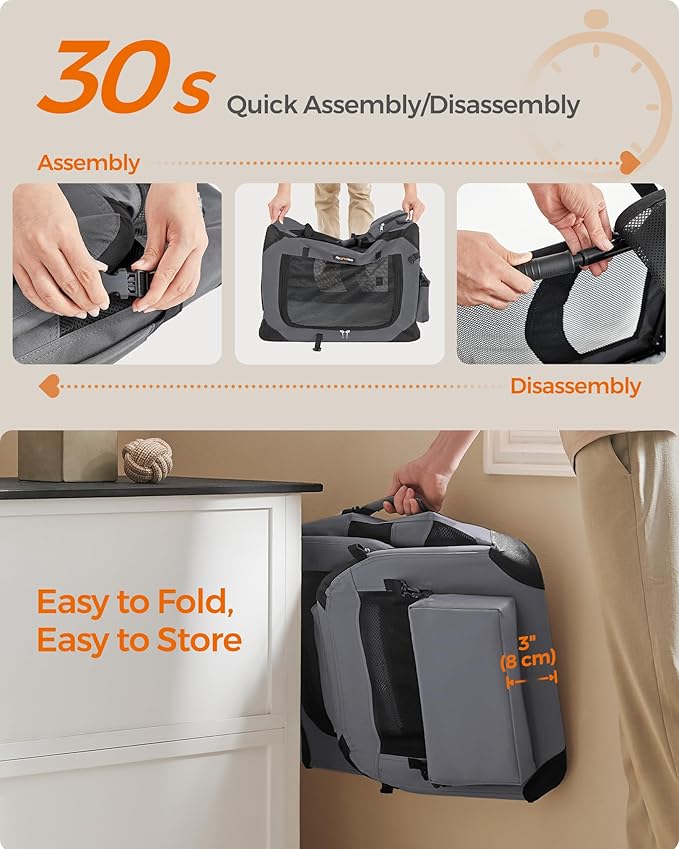 Feandrea 24 Inches Collapsible Soft Dog Crate, Portable Travel Dog Crate for Indoor and Outdoor Use, Dog Carrier Kennel with Safety Zippers, for Living Room, Car, Travelling, Camping, Gray UPDC60GY