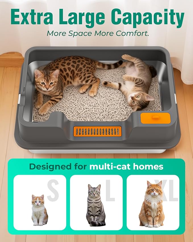 OROLEY Extra-Large Stainless Steel Cat Litter Box Features a Covered Design, High Sides to Prevent Litter from Spilling, an Easy-to-Clean Non-Stick Surface, and Includes a Raised Platform (Dark Gray)