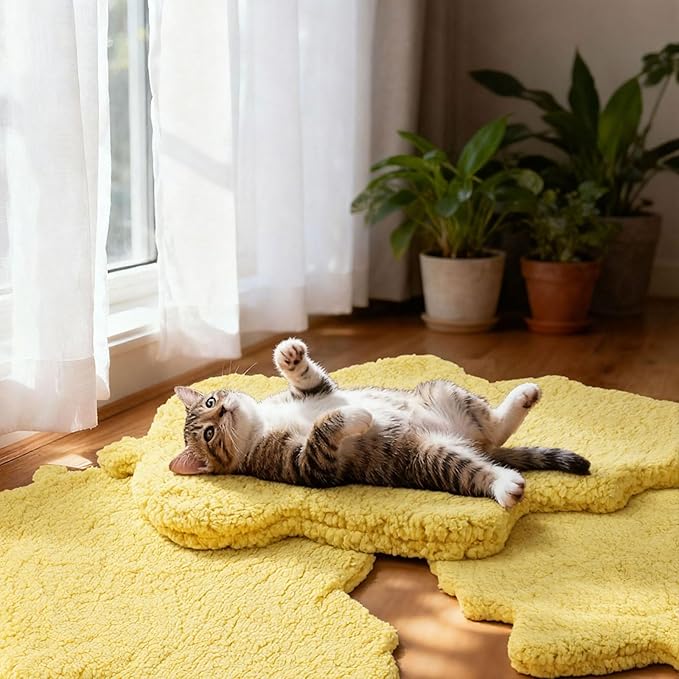 3 Pack Self Warming Cat Dog Bed Leaf Shape Self Heating Pet Mat Non Electric Washable Thermal Sleeping Pad Plush Heated Pet Mat for Crate Floor Indoor Outdoor (Light Yellow,Large-19 x29)