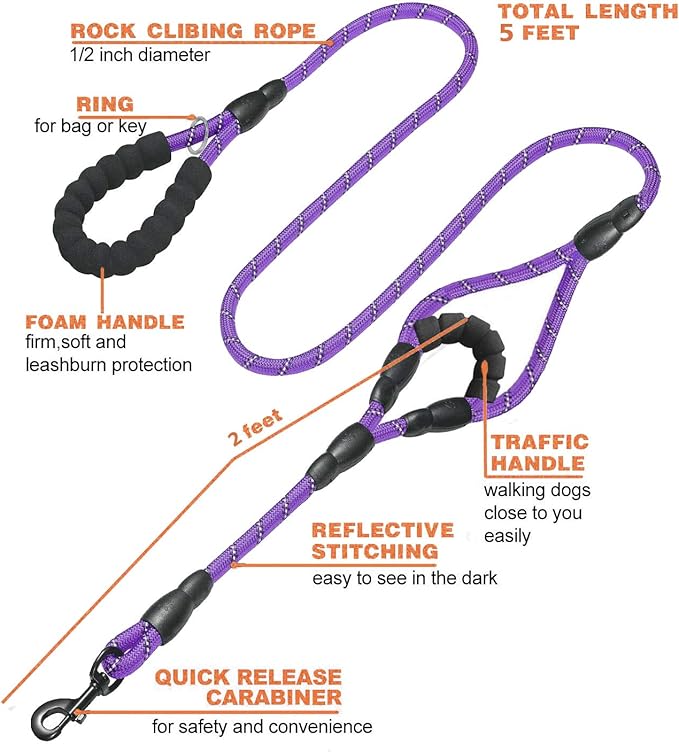 JSXD 5 FT Heavy Duty Double Handle Dog Leash with Comfortable Padded and Reflective Rope, for Small, Medium, Large Dogs (Rope-Purple)