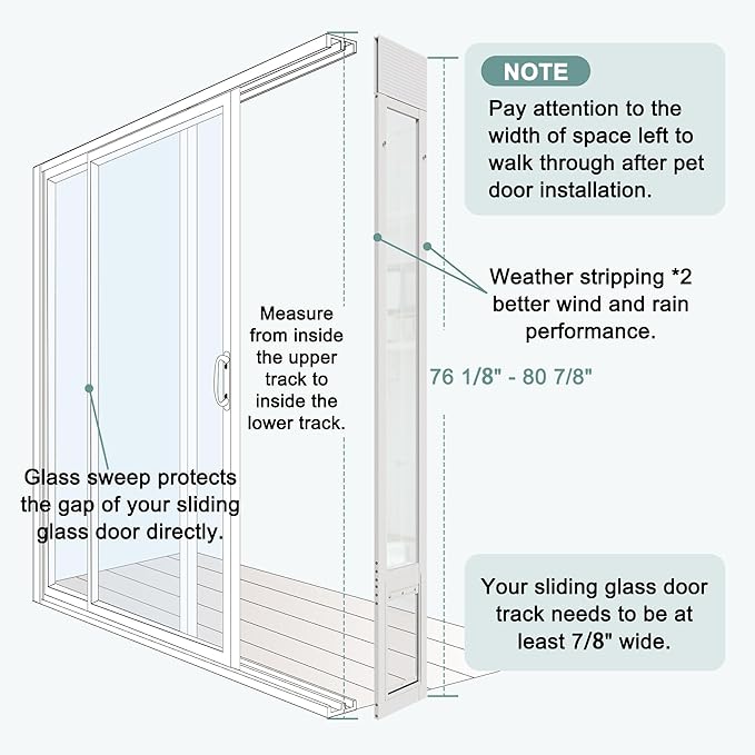 Doggy Door for Sliding Glass Doors, Adjustable Height 76 1/8"-80 7/8" Aluminum Frame Tempered Sliding Door Dog Doors Insert with Lock,Medium Transparent 7" x 11" Flap Size for Large Dogs