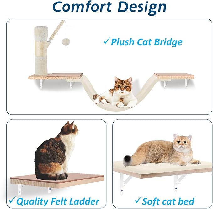 Cat Wall Shelves, Solid Wood Cat Wall Furniture Set, with Cats Bed, Hammock, Felt Ladder, Sisal Scratching Post & Ball (Beige)