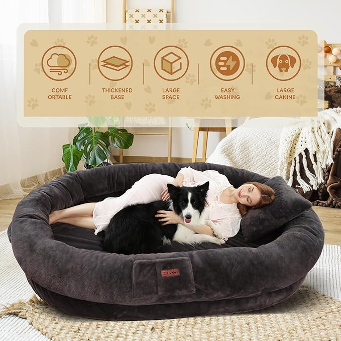 Human Dog Bed for Adults, 71"x51"x12" Washable Orthopedic Size, Faux Fur Removable, Cozy Large Present with Blanket and Pillow, Dark Grey