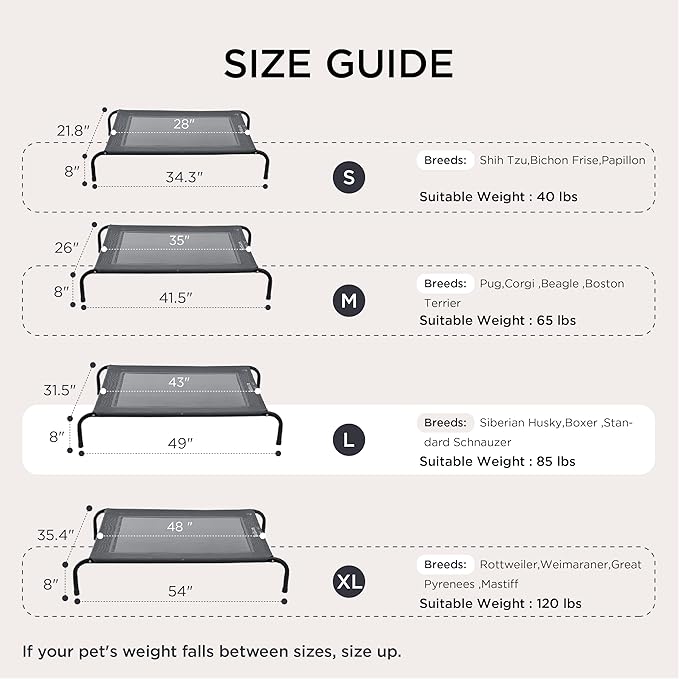 Bedsure Outdoor Elevated XL Dog Bed, Portable Indoor & Outdoor Cooling Raised Cot Pet Hammock Bed with Skid-Resistant Feet, Frame with Breathable Mesh, Grey, 54 inches