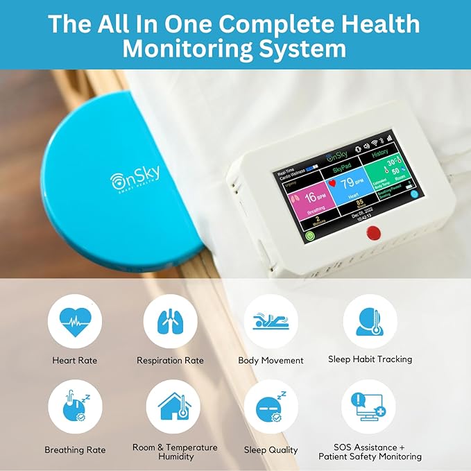 SkyPad FDA-Cleared Contact-Free Heart & Breathing & Sleep Apnea & Seizure Monitor, Adult & Children Home Health Care - Senior & Nursing Home - Remotely Monitor Wellness via app - Emergency Alert Call