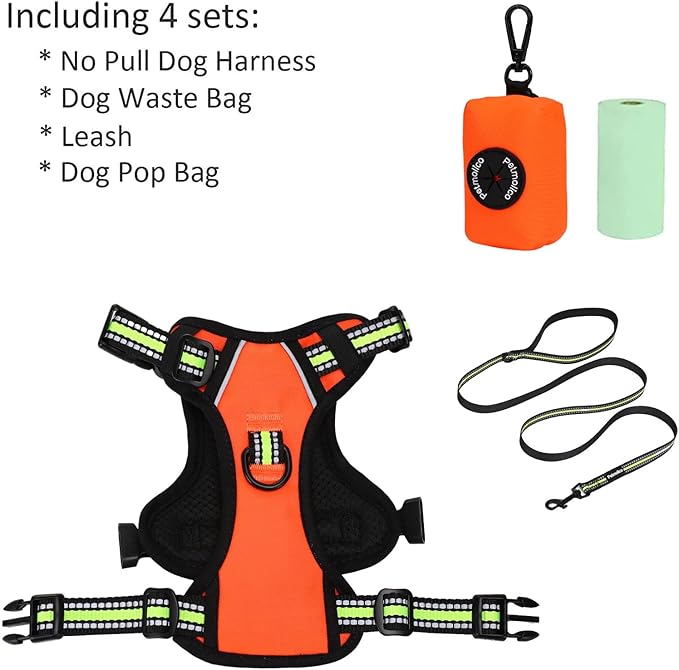 Petmolico No Pull Dog Harness Set,4 Leash Attchment Easy Control Handle Reflective Vest Dog Harness Small Breed Dogs Harness and Leash Set with Poop Bag Holder,Small-Orange