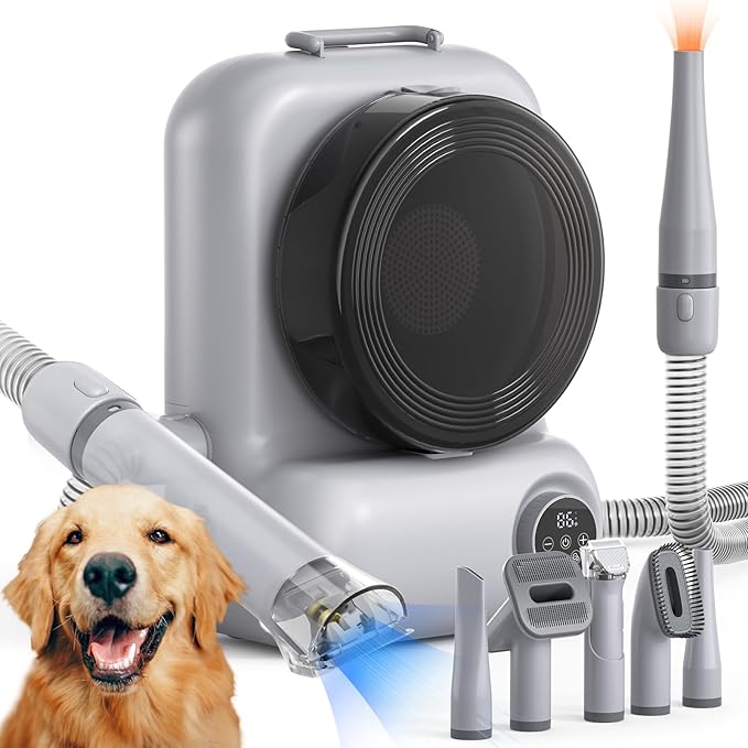 Dog Grooming Vacuum and Dryer, Pet Grooming Vacuum for Dogs with 3 Liter Canister, 15000Pa Suction Dog Vacuum for Shedding Grooming, Extra Space for Storage for 5 Grooming Kits, Grey