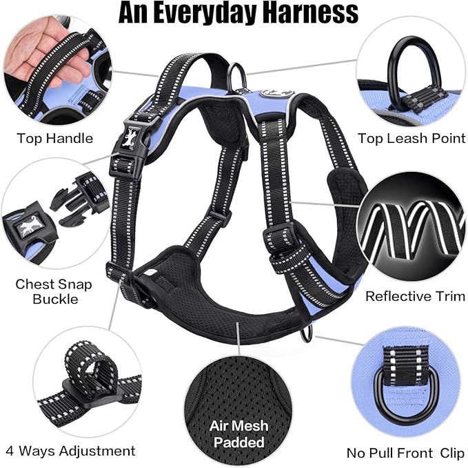 PoyPet No Pull Dog Harness, Reflective Comfortable Vest Harness with Front & Back 2 Leash Attachments and Easy Control Handle Adjustable Soft Padded Pet Vest for Small to Large Dogs (Light Blue,XL)