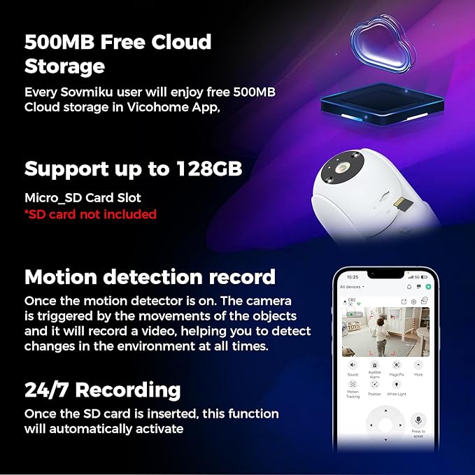 Sovmiku 2CB2 2k AI Tracking Security Camera for Home,Pet Camera Indoor, Baby Monitor,360° View Pan/Tilt Surveillance Camera, Two Way Audio,Night Vision,Easy to Setup,Audible Alarm,2.4GHz Wi-Fi,SD Slot