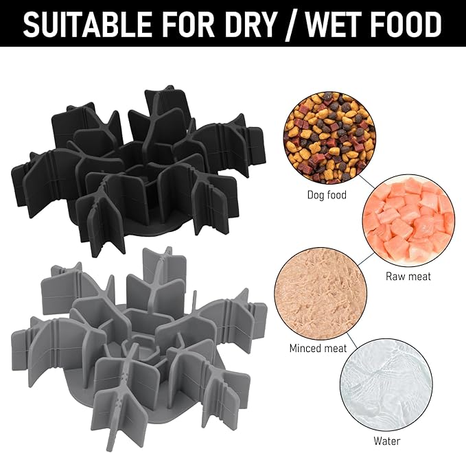 Dog Slow Feeder Insert Silicone Adjustable for 4.7-7" Stainless Steel Dogs Bowls Standard Elevated, Anti-Slip Suction Cup All Large Breed Cat Slow Feeders Health Feeding Eating Extra Slowfeeder, Black