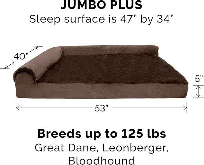 FurHaven Orthopedic Dog Bed & goDog Toy - Squeaky Plush Fat Rooseter with Chew Guard Technology for Large Dogs - Plush & Velvet L Shaped Chaise - Sable Brown, Jumbo Plus/XXL