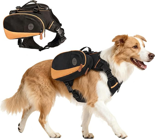 Dog Backpack for Medium & Large Dogs, Detachable Side Bags, Quick-Poop Bag Dispenser | No-Pull Adjustable Harness for Large-Chested Breeds | Non-Slip Handle for Hiking, Walking, Outdoor Adventures（L）