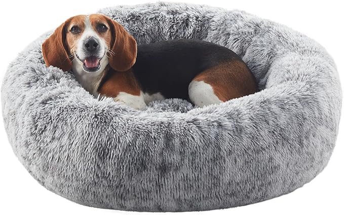 33 inches Donut Dog Bed for Medium Large Dogs,Calming Fluffy Round Pet Bed with Removable & Washable Cover,Fits up to 65 lbs Pets(Dark Grey,M Plus)