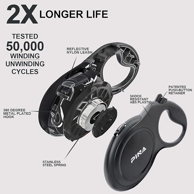 PINA Upgraded Retractable Dog Leash, 26 ft Dog Leash for Small Medium Large Dogs Up to 110lbs, Heavy Duty Reflective Nylon Tape 360° Tangle-Free, with Anti-Slip Handle, One-Handed Brake, Pause, Lock