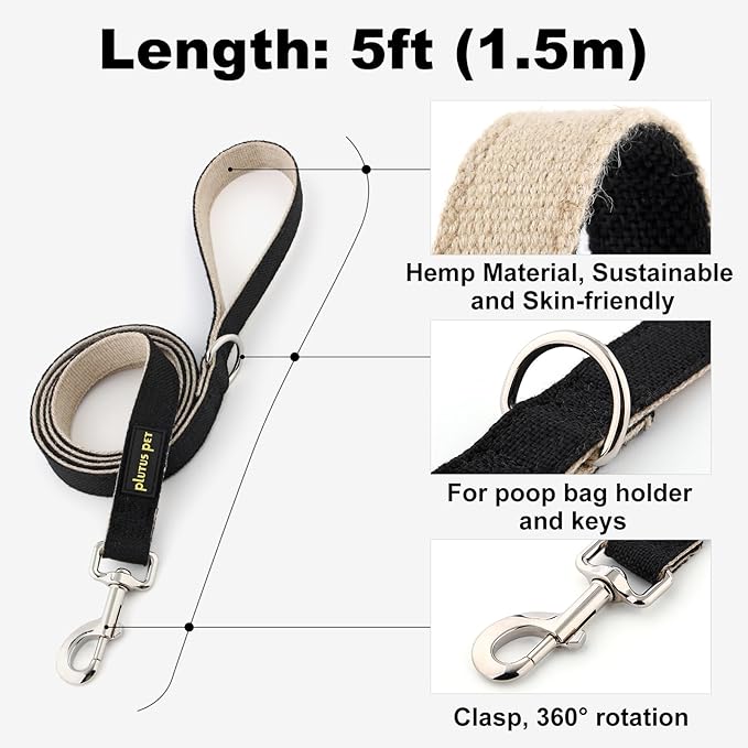 Plutus Pet Cotton Hemp Dog Collar and Leash Set, Adjustable Collar for Small, Medium, and Large Dogs, Heavy Duty and Soft on Skin, Black, XL