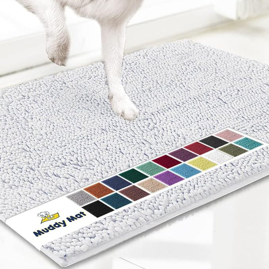 Muddy Mat® Shown on TV – Super Absorbent Microfiber Dog Door Mat for Muddy Paws, Non-Slip Washable Pet Rug, Quick Dry Chenille Entryway Carpet, Machine Washable Indoor Outdoor mat, White 30"x19"
