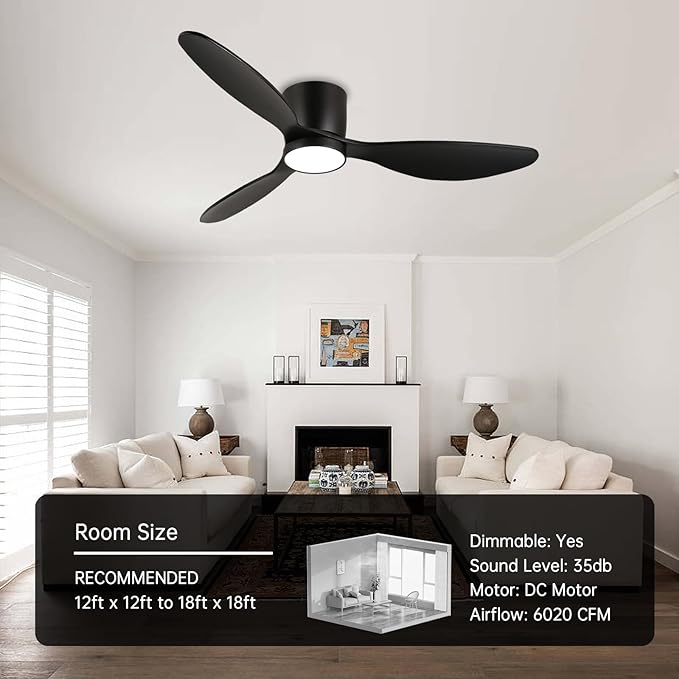 reiga 52 Inch Wood Black Modern Flush Mount Indoor Ceiling Fan with Light and Remote, 3 Propeller Blade, Quiet DC Motor for Bedroom Living Room