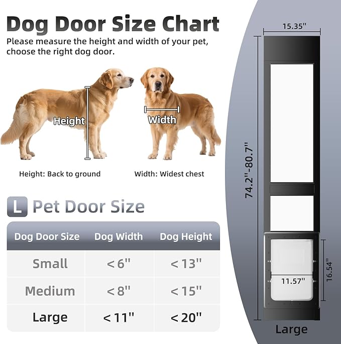 Dog Door for Sliding Glass Door with Magnetic Plastic Flat, Sliding Pet Doggie Door Insert with Lock, Adjustable Height No-Cut Required Doggy Door Access for Renters, Apartments, Patio (Black, L)