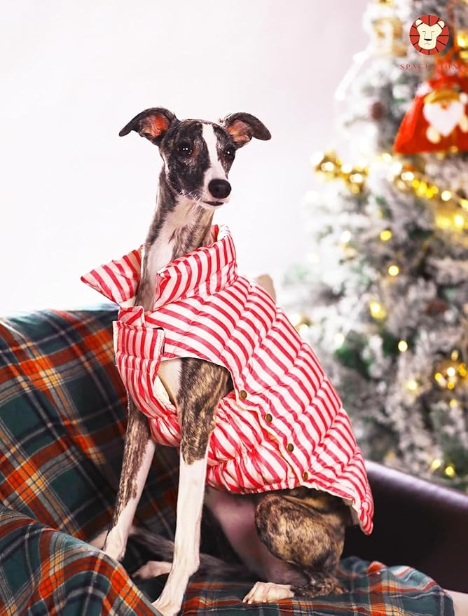 SPACE LION Dog Puffer Jacket, Down Winter Coat, Durable Outdoor Coat for Cold and Windy Conditions, Lightweight & Adjustable Fit Coats for Large Dogs, (RedStripe, Size22/XL+)