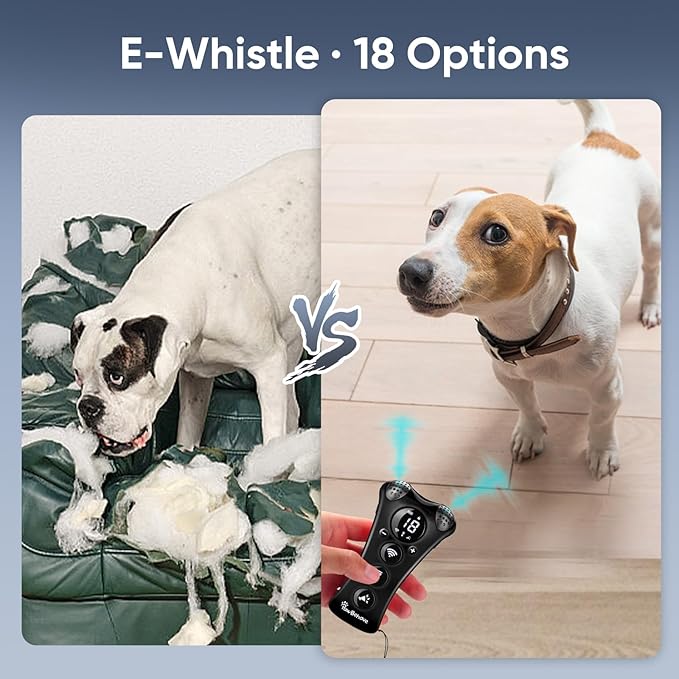 Ultrasonic Dog Bark Deterrent Device –10-Level Adjustable Anti Barking Trainer with Flashlight, Strobe, E-Clicker(18 Whistle Sounds)–No Shock, Collar-Free Dog Behavior Correction Devices