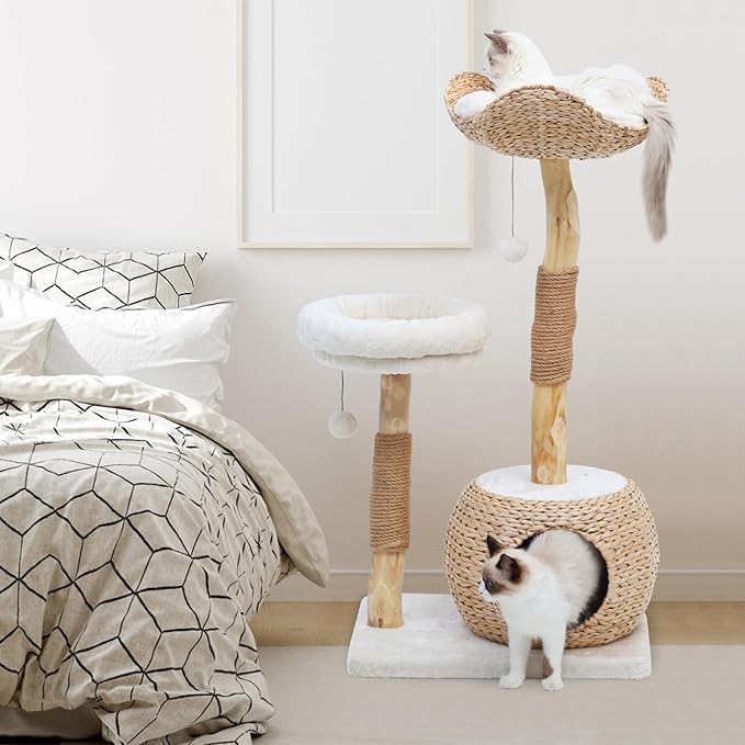 Cat Tree Tower for Indoor Cats, Modern Real Wood Cat Condo with Scratching Post, Jumping Platforms, Hanging Toy Ball for Multi-Cat Households