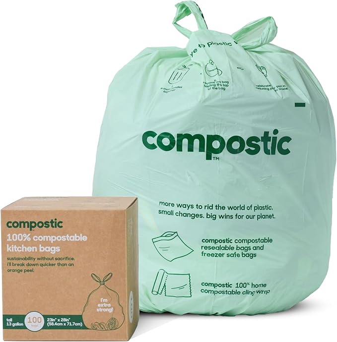 Compostic Home Compostable Trash Bags, 13 Gallon Tall Kitchen Rubbish Bags (23” x 29”), Extra Strong & Quickly Breaks Down, 100 Count