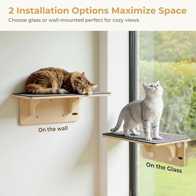 Pecute 2-in-1 Large Cat Window Perch & Wall Shelves, Cat Hammock Window with Solid Wood, Strong Suction Cup, Washable Cover Mat, Window seat Indoor, Cats Perch Bed for Birds Watching Inside, 21"x11"