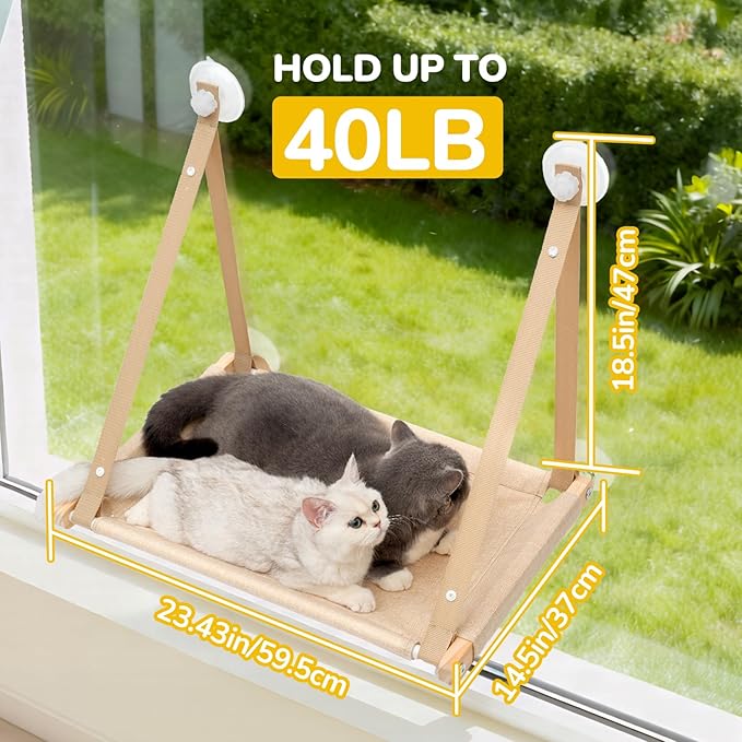 CATISM Cat Window Perch - Cat Hammock for Window, Soft Seat Machine Washable, Solid Wood Frame, 4 Suction Cups, Hammock Bed for Cats Inside