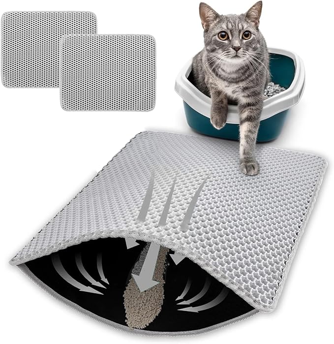HCY&WLD 2-Pack Cat Litter Mat, Double Layer Honeycomb Waterproof Urine Proof Non-Slip Litter Trapping Mat, Less Waste, Easy to Clean Cat Litter Box Mat, Kitten Indoor Supplies (Gray, 20x16 Inches)
