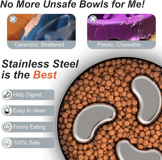 Slow Feeder Dog Bowl-1.5Cups for Small Breeds, Dual Wall Stainless Steel Maze Bowl, Non-Slip Base, Food-Grade Metal Dog Dish to Slow Eating