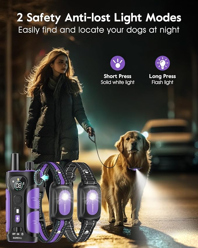 SLOPEHILL Dog Shock Collar,4200FT Dog Training Collar with Remote,IPX8 Waterproof E-Collar with Beep,Vibration,Shock,Flashing Light,No Shock Model,Electric Shock Collar for Dogs,Purple 2PCS