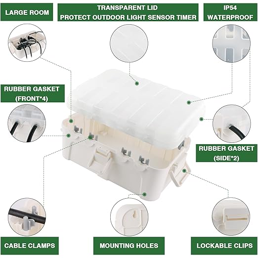 Flemoon Outdoor Electrical Box with Transparent Lid, IP54 Waterproof Electrical Box Outdoor, Large Weatherproof Extension Cord Cover with Clear Cover for Photocell Light Sensor Timer, Outlet, White