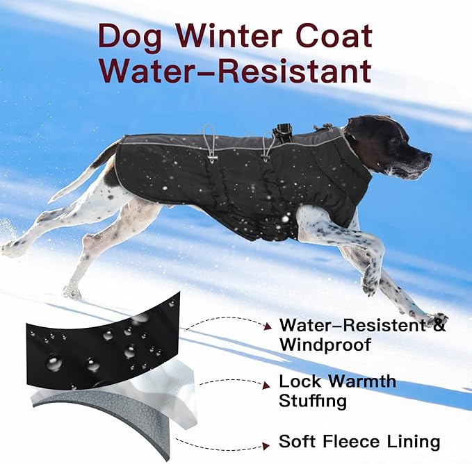 Dog Winter Jacket - XX Large, Warm Zip Up Snowsuit Dog Harness Vest, Reflective, Water-Resistant, Black